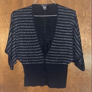 New York & Company Black and Silver Striped Cardigan Sweater, Wide 3/4 Sleeves